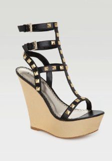  bebe Katarina Metallic Studded Wedge Sandal Shoes Blk 9 Shoes