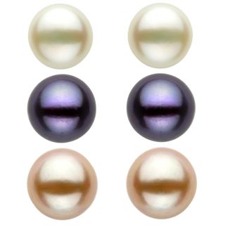 DaVonna Silver Pink Black and White FW Pearl Stud Earrings Set (11 12