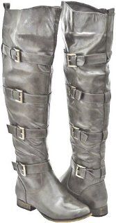  Riding Thigh High Boot Buckle Low Heel Over the Knee Grey: Shoes