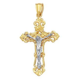 14k Two Tone Gold Filigree Crucifix Cross Pendant: Jewelry