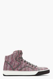 Lanvin Red Checked Leather Piping Mid top Tennis Shoes for men