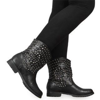 67G Womens Black PU Studded Ladies Casual Biker Mid Calf Cowboy Boots