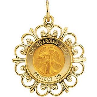 New 14k Yellow Gold Guardian Angel Pendant Medal   22mm