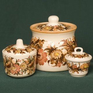 Pottery Round Container Set of 3,#197, Brown Floral: Home & Kitchen