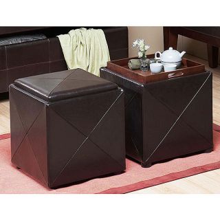 Chocolate Synthetic Leather Storage Cube with Wood Serving Tray