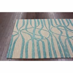 Handmade Luna Curves Aqua Wool/ Faux Silk Rug (5 x 8)