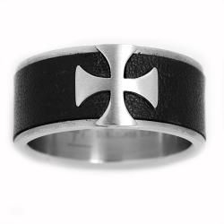 Stainless Steel Black Leather Inlay Cross Ring