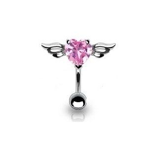 316L Surgical Steel   Belly Ring   Heart with Wings   Pink