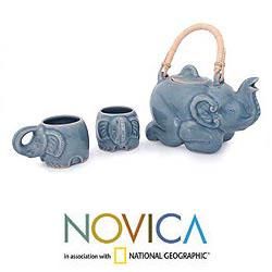 Celadon Ceramic Blue Elephant Muse Tea Set (Thailand)
