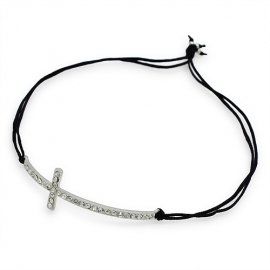 Black String Cross Bracelet with Rhinestone Studs