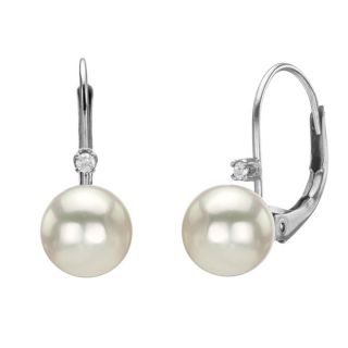 DaVonna 14k Gold 8mm Akoya Pearl and 1/10ct Diamond Earrings with Gift