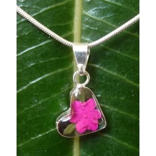 Sterling Silver Miniature Hot Pink Flower Tiny Heart Necklace (Mexico