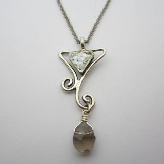 Ancient Roman Glass Smokey Quartz Triangular Necklace (Israel