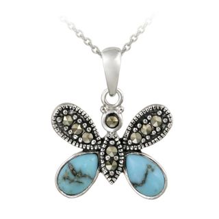 Sterling Silver Created Turquoise and Marcasite Butterfly Necklace