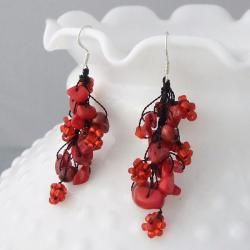 Sterling Silver Red Coral and Pearl Seed Bead Earrings (5 6 mm