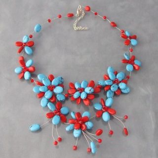 Silver Turquoise and Coral Cluster Necklace (Thailand)