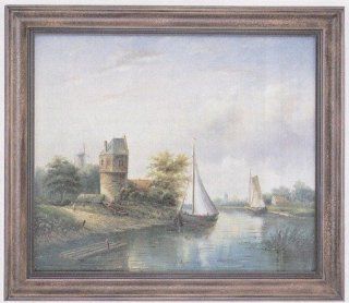 Holland Windmill and Sailboat on River Wood Framed Oil
