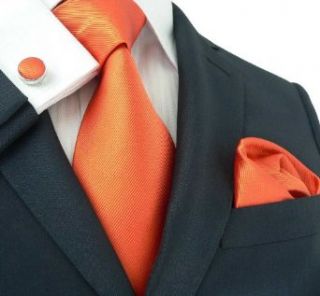 Landisun 139 Bright Orange Solids Mens Silk Tie Set: Tie