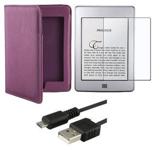 Purple Leather Case/ LCD Protector/ USB Cable for  Kindle Touch