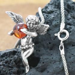 Sterling Silver Cognac Amber Angel Necklace (Poland)